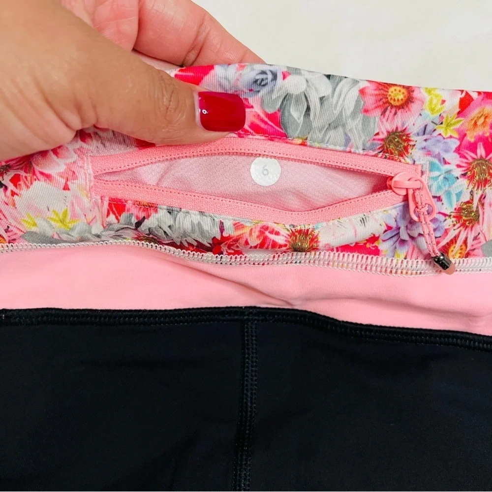 lululemon Cropped Black and Pink Floral Waistband Leggings